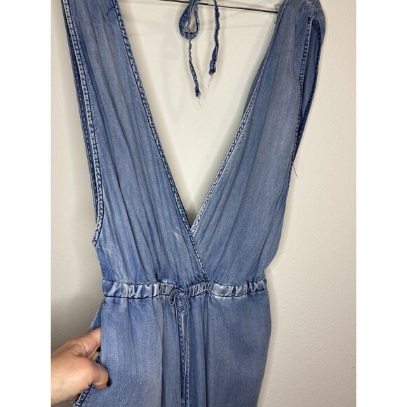 Mazik Jumpsuit Womens M Blue Chambray Sleeveless Wrap Front Tie Neck Boho Beachy - Picture 4 of 12